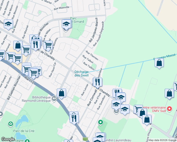 map of restaurants, bars, coffee shops, grocery stores, and more near 7130 Rue Tourangeau in Longueuil