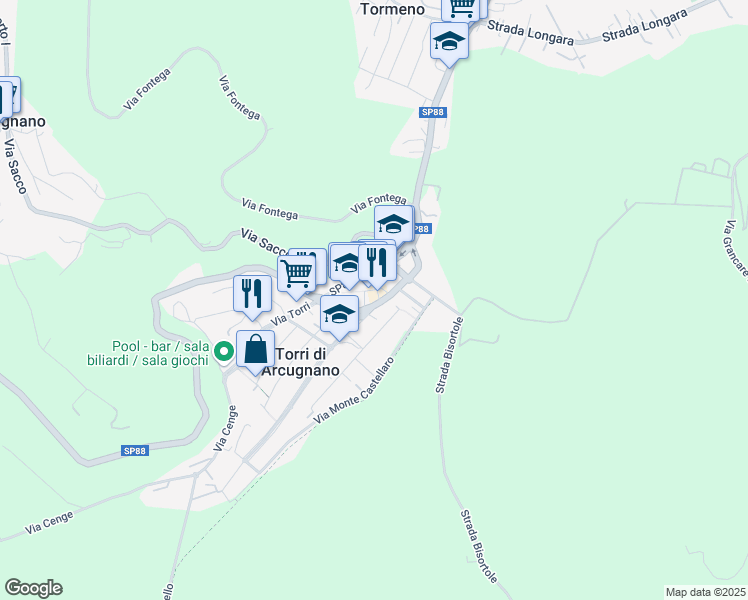 map of restaurants, bars, coffee shops, grocery stores, and more near 22 Via Monte Lungo in Torri di Arcugnano
