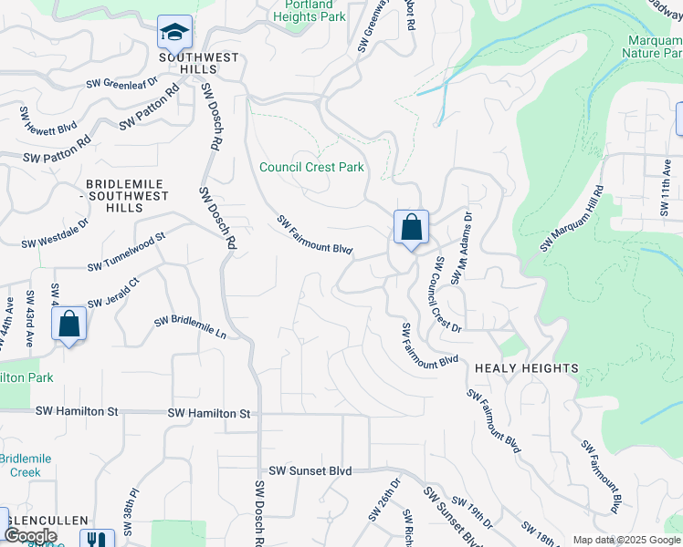 map of restaurants, bars, coffee shops, grocery stores, and more near 3291 Southwest Fairmount Boulevard in Portland