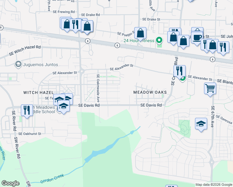 map of restaurants, bars, coffee shops, grocery stores, and more near 5327 Southeast Thornapple Street in Hillsboro