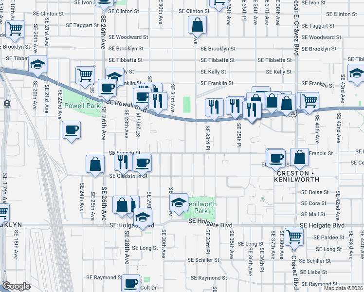 map of restaurants, bars, coffee shops, grocery stores, and more near 3825 Southeast 32nd Avenue in Portland