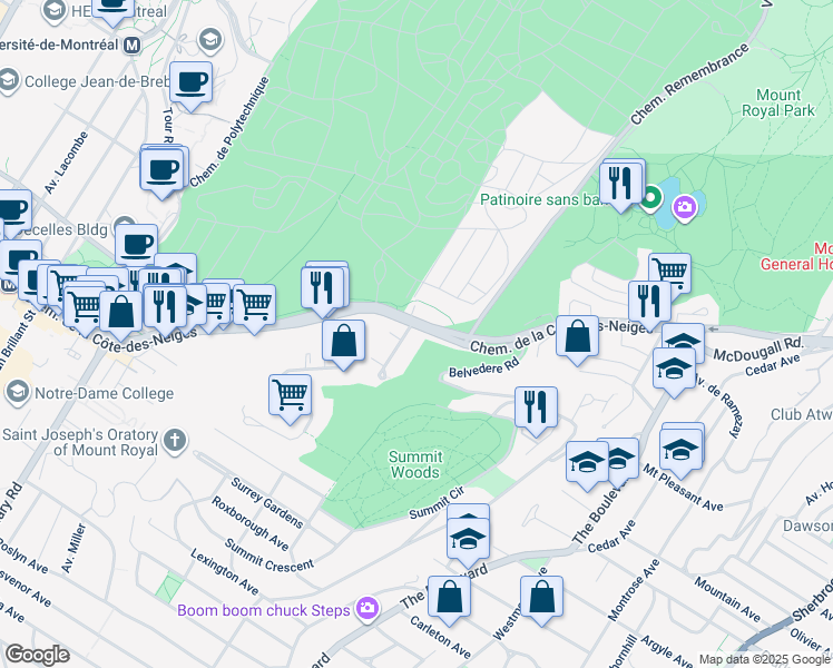 map of restaurants, bars, coffee shops, grocery stores, and more near 4500 Chemin de la Côte-des-Neiges in Montréal