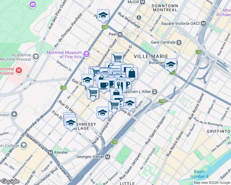map of restaurants, bars, coffee shops, grocery stores, and more near 1205 Rue Mackay in Montréal
