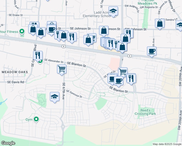 map of restaurants, bars, coffee shops, grocery stores, and more near 3409 Southeast Salmonfly Lane in Hillsboro