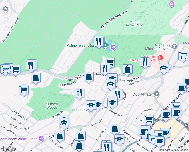 map of restaurants, bars, coffee shops, grocery stores, and more near 4100 Chemin de la Côte des Neiges in Montréal