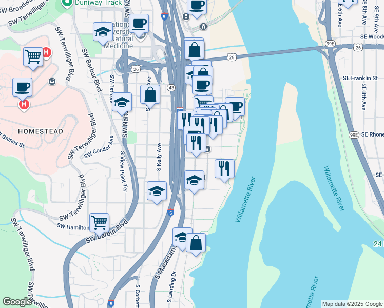 map of restaurants, bars, coffee shops, grocery stores, and more near 3883 South Moody Avenue in Portland
