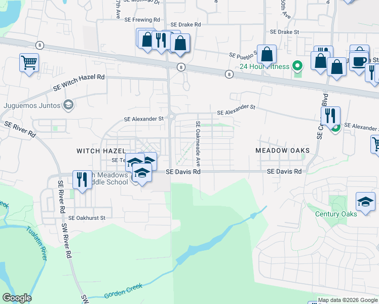 map of restaurants, bars, coffee shops, grocery stores, and more near 3389 Southeast Everwood Lane in Hillsboro