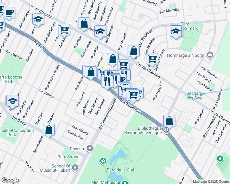 map of restaurants, bars, coffee shops, grocery stores, and more near Boulevard Cousineau in Longueuil