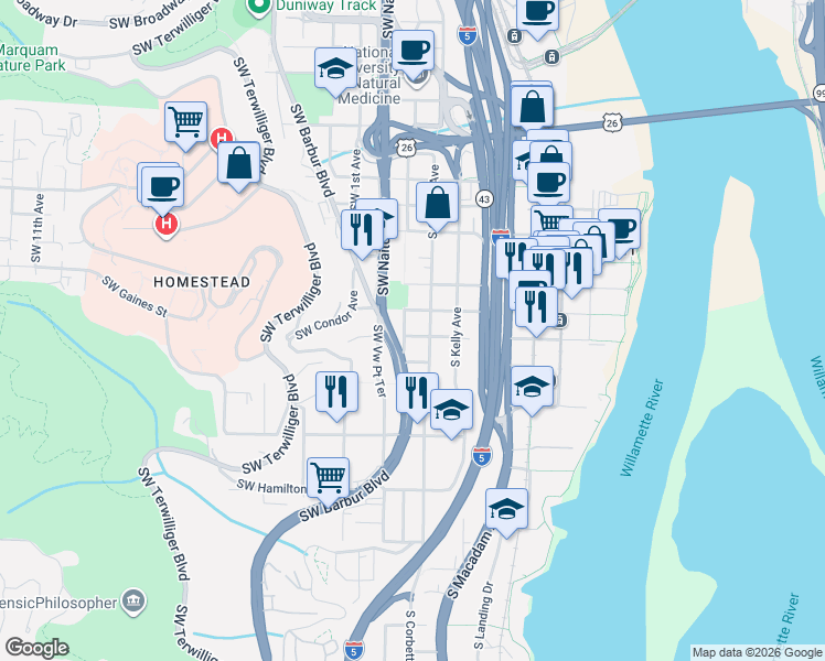 map of restaurants, bars, coffee shops, grocery stores, and more near 3840 South Water Avenue in Portland