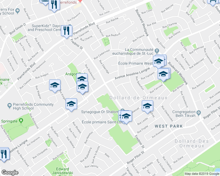 map of restaurants, bars, coffee shops, grocery stores, and more near 45 Rue Fredmir in Dollard-des-Ormeaux