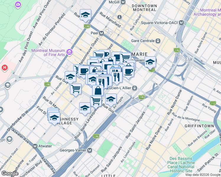 map of restaurants, bars, coffee shops, grocery stores, and more near 1400 Boulevard René-Lévesque Ouest in Montréal