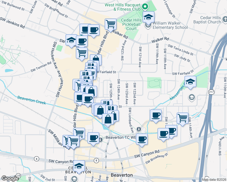 map of restaurants, bars, coffee shops, grocery stores, and more near 3445 Southwest 124th Avenue in Beaverton