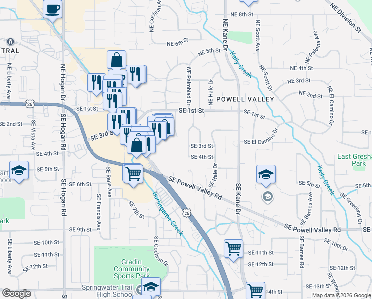 map of restaurants, bars, coffee shops, grocery stores, and more near 389 Southeast Palmblad Drive in Gresham