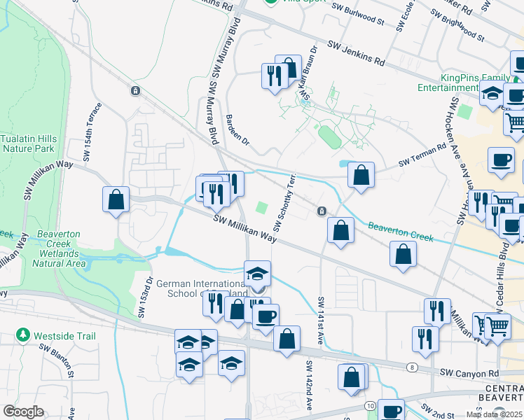 map of restaurants, bars, coffee shops, grocery stores, and more near 3498 Southwest Murray Boulevard in Beaverton