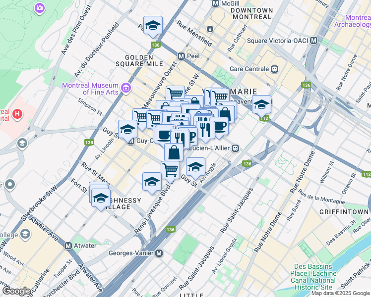 map of restaurants, bars, coffee shops, grocery stores, and more near in Montreal