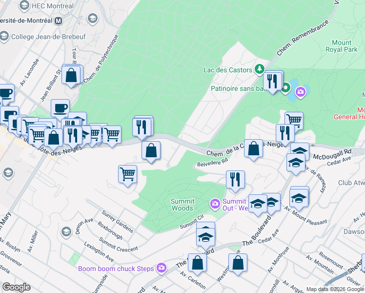 map of restaurants, bars, coffee shops, grocery stores, and more near 4500 Chemin de la Côte-des-Neiges in Montréal