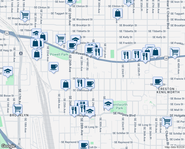 map of restaurants, bars, coffee shops, grocery stores, and more near 2885 Southeast Francis Street in Portland