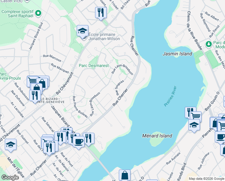 map of restaurants, bars, coffee shops, grocery stores, and more near 291 Rue Soupras in Montréal
