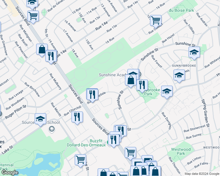 map of restaurants, bars, coffee shops, grocery stores, and more near 30 Rue David in Dollard-des-Ormeaux