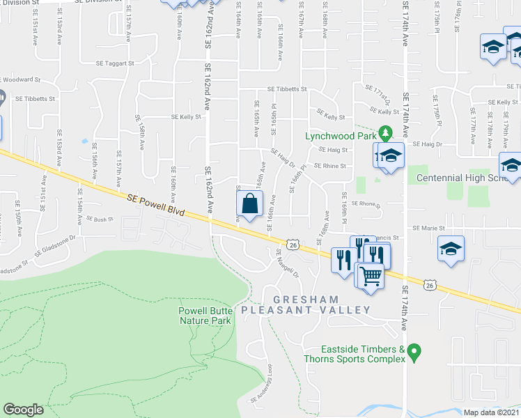 map of restaurants, bars, coffee shops, grocery stores, and more near 16527 Southeast Bush Street in Portland