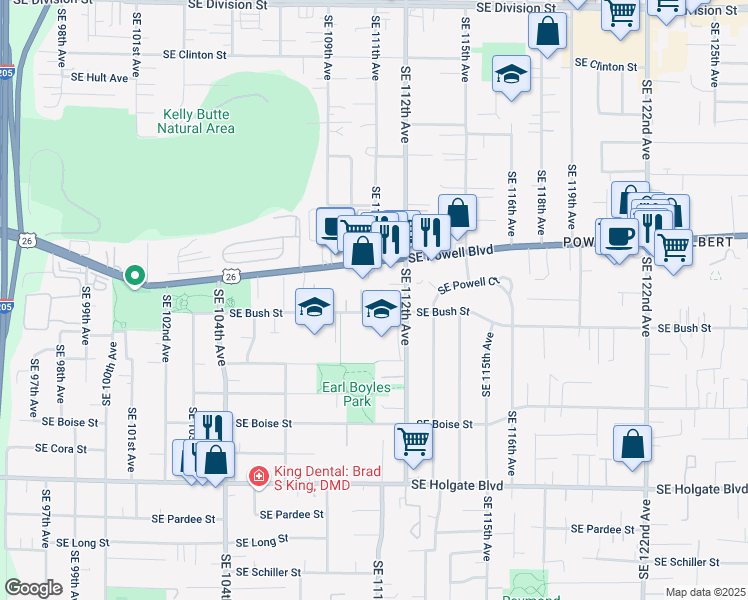 map of restaurants, bars, coffee shops, grocery stores, and more near 10941 Southeast Bush Street in Portland