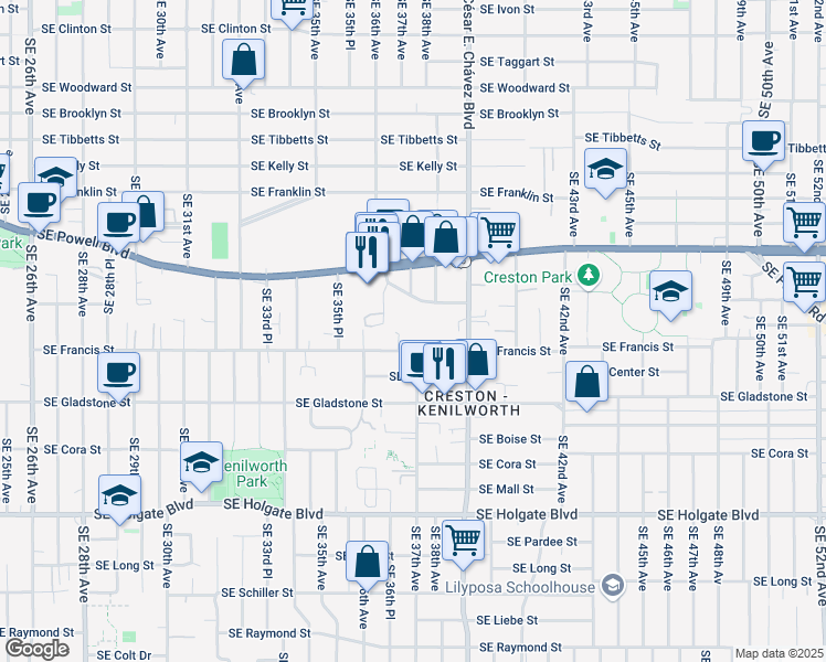 map of restaurants, bars, coffee shops, grocery stores, and more near 3661 Southeast Francis Street in Portland