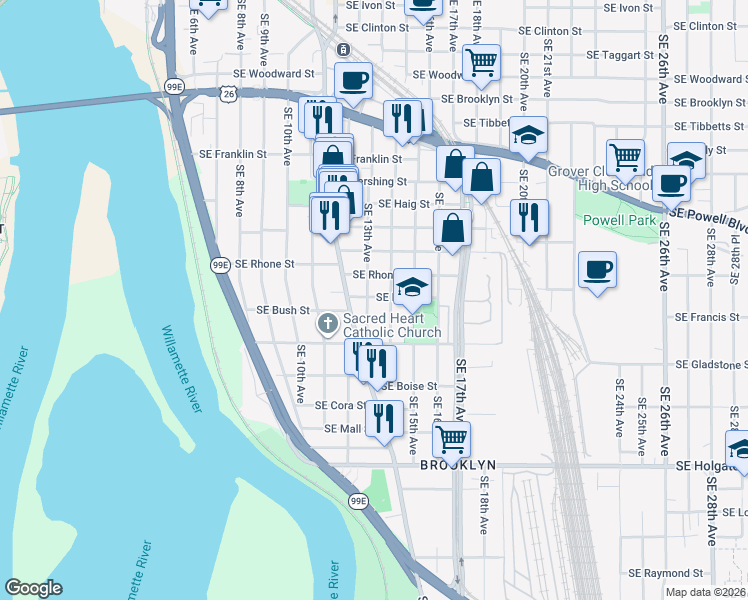 map of restaurants, bars, coffee shops, grocery stores, and more near 3828 Southeast 13th Avenue in Portland