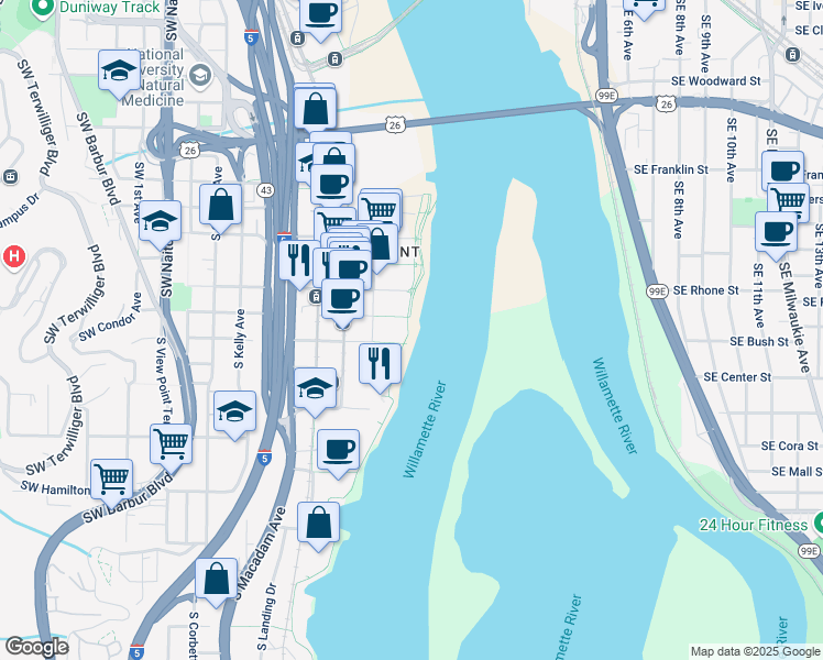 map of restaurants, bars, coffee shops, grocery stores, and more near 3820 South River Parkway in Portland