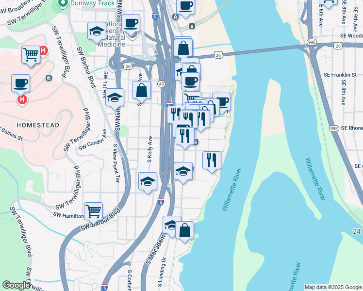 map of restaurants, bars, coffee shops, grocery stores, and more near in Portland