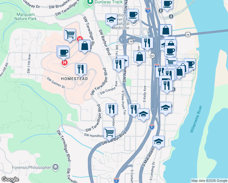 map of restaurants, bars, coffee shops, grocery stores, and more near 46 Southwest Abernethy Street in Portland