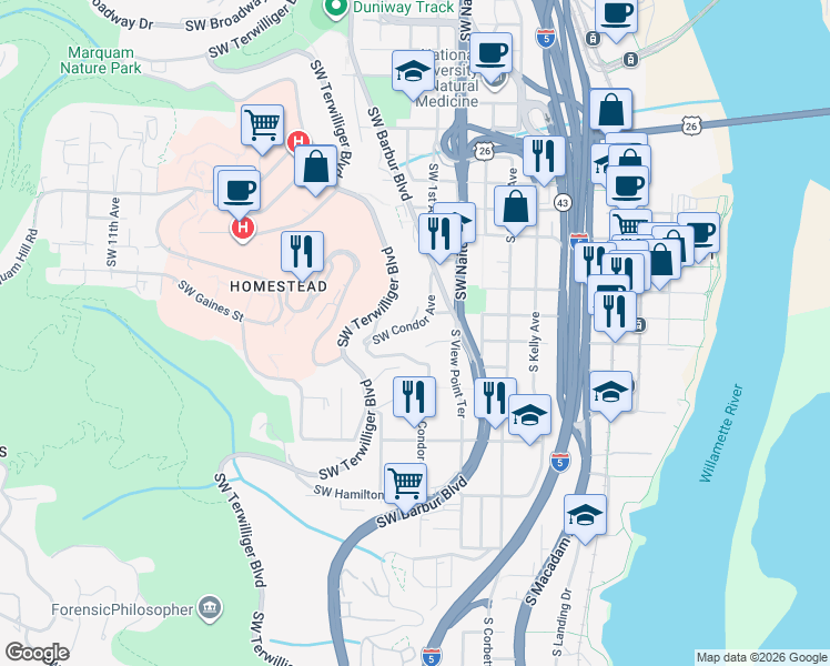 map of restaurants, bars, coffee shops, grocery stores, and more near 46 Southwest Abernethy Street in Portland