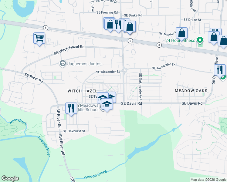 map of restaurants, bars, coffee shops, grocery stores, and more near 3472 Southeast Northwood Way in Hillsboro