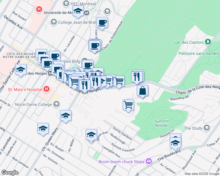 map of restaurants, bars, coffee shops, grocery stores, and more near Chemin de la Côte-des-Neiges in Montréal
