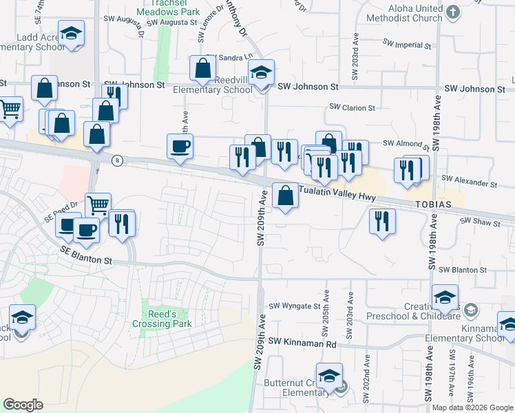 map of restaurants, bars, coffee shops, grocery stores, and more near 3347 Southwest 209th Avenue in Hillsboro