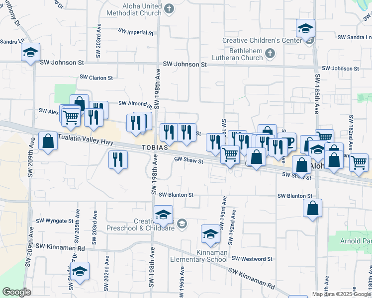 map of restaurants, bars, coffee shops, grocery stores, and more near 19565 Southwest Tualatin Valley Highway in Beaverton