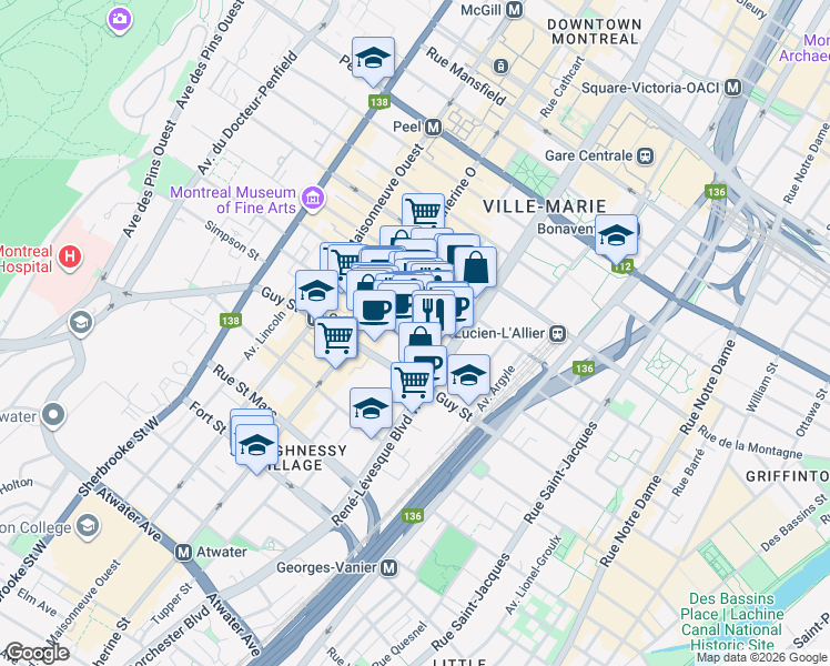 map of restaurants, bars, coffee shops, grocery stores, and more near 1205 Mackay Street in Montreal