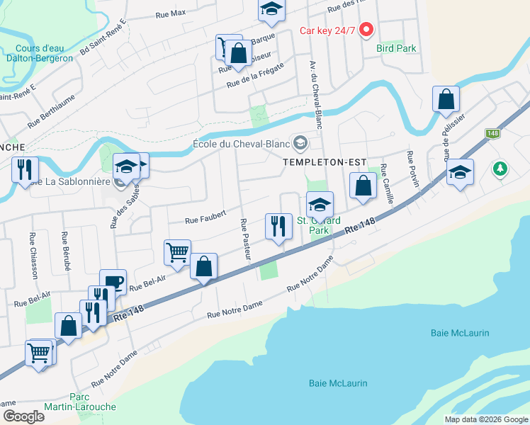 map of restaurants, bars, coffee shops, grocery stores, and more near 1201 Rue Alexandre in Gatineau