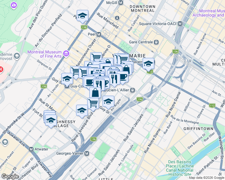 map of restaurants, bars, coffee shops, grocery stores, and more near in Montreal
