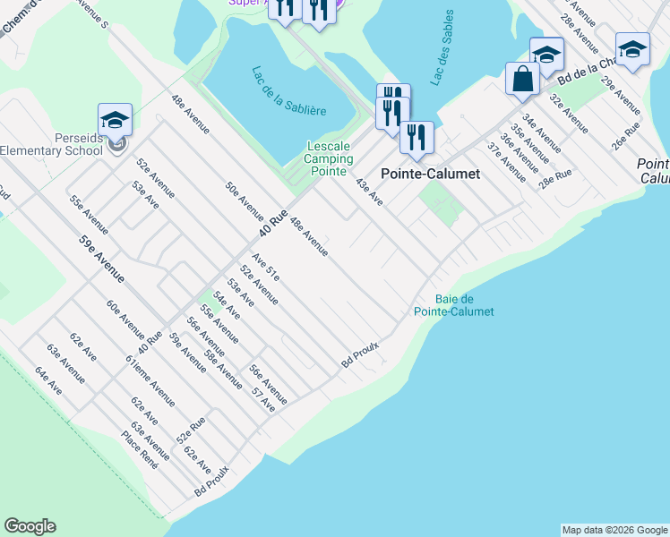 map of restaurants, bars, coffee shops, grocery stores, and more near 327 48e Avenue in Pointe-Calumet