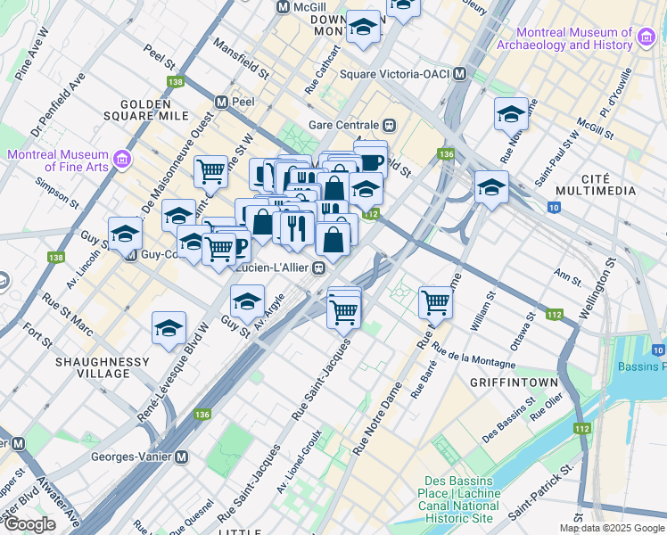map of restaurants, bars, coffee shops, grocery stores, and more near 1275 Rue de la Montagne in Montréal