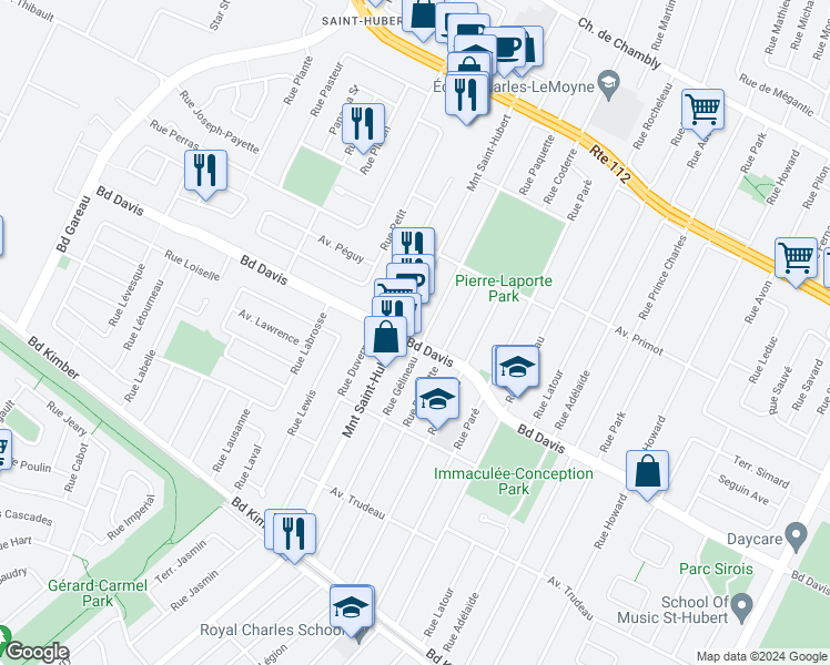 map of restaurants, bars, coffee shops, grocery stores, and more near 5332 Boulevard Davis in Longueuil