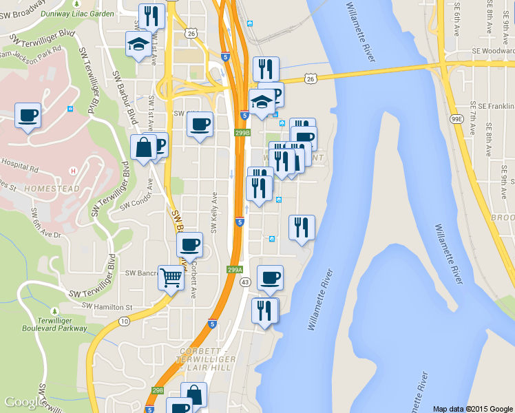 map of restaurants, bars, coffee shops, grocery stores, and more near 3910-3930 Southwest Macadam Avenue in Portland