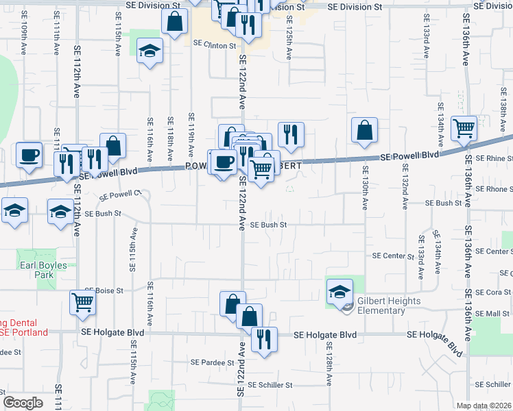 map of restaurants, bars, coffee shops, grocery stores, and more near 12309 Southeast Bush Street in Portland