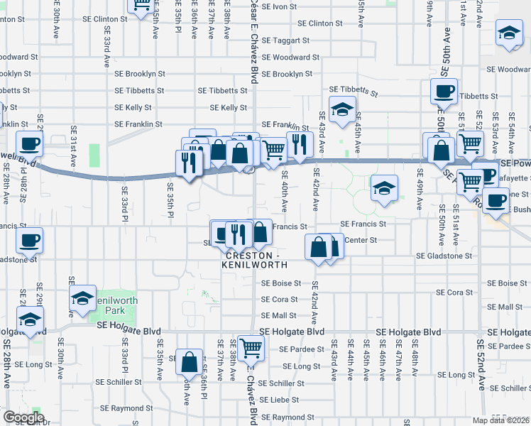 map of restaurants, bars, coffee shops, grocery stores, and more near 3808 Southeast Cesar E Chavez Boulevard in Portland