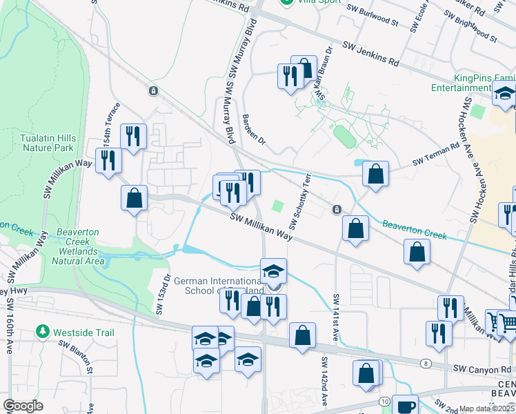 map of restaurants, bars, coffee shops, grocery stores, and more near 3498 Southwest Murray Boulevard in Beaverton