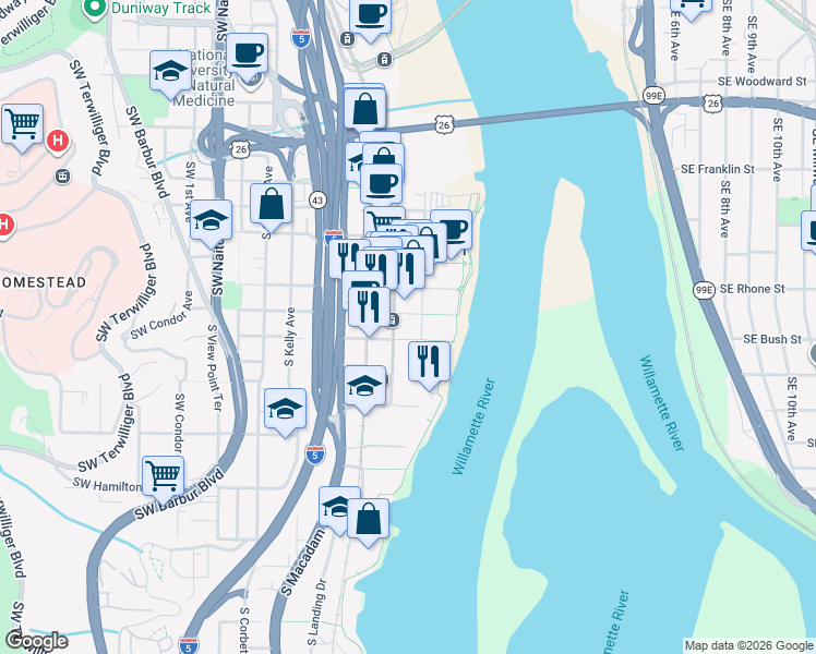map of restaurants, bars, coffee shops, grocery stores, and more near 3850 South Bond Avenue in Portland