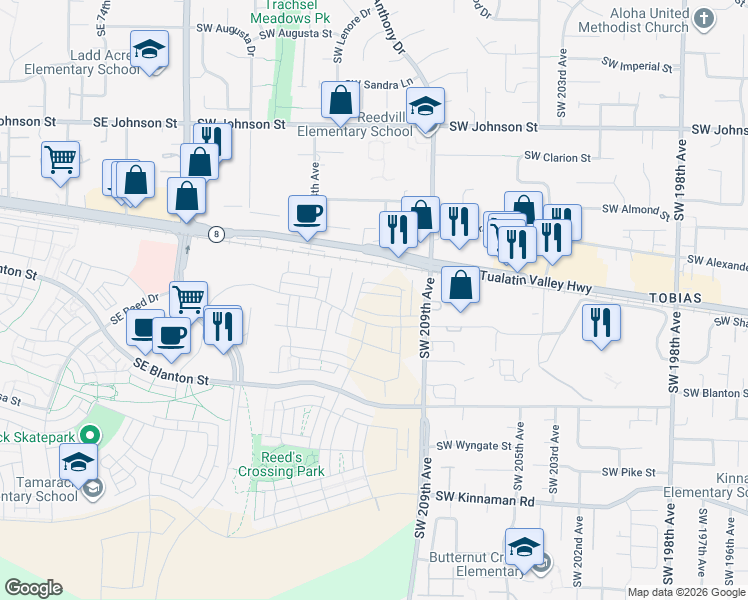 map of restaurants, bars, coffee shops, grocery stores, and more near 3421-3499 Southwest 209th Avenue in Aloha