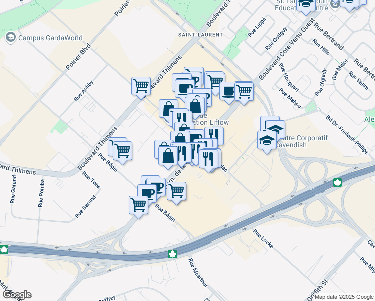 map of restaurants, bars, coffee shops, grocery stores, and more near 3479 Boulevard de la Côte-Vertu in Montréal
