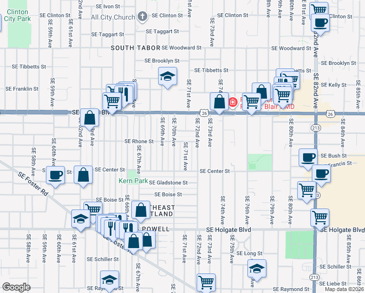 map of restaurants, bars, coffee shops, grocery stores, and more near 3805 Southeast 71st Avenue in Portland