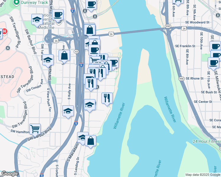 map of restaurants, bars, coffee shops, grocery stores, and more near 3510 Southwest Bond Avenue in Portland
